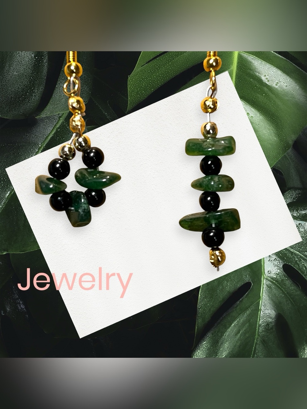 New Handcrafted Green Jade Chip Stone & Obsidian Bead Asymmetrical Earrings